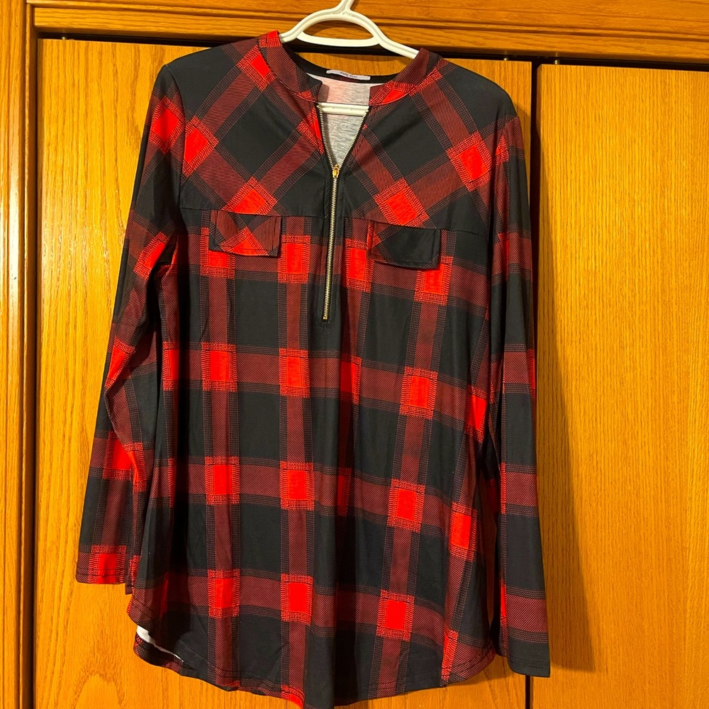 Casual Long-Sleeve Zip up Plaid Tunic Shirt